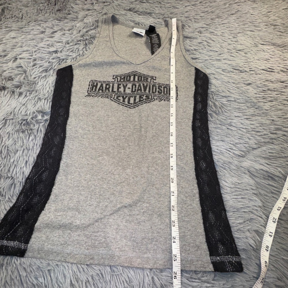 Harley Davidson Women's Large Gray Lace Side Trim Ribbed V-Neck Tank Top Shirt - Picture 5 of 9
